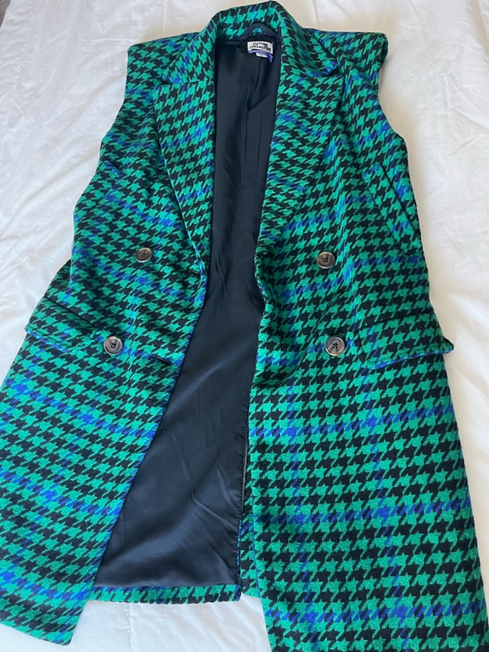Kahlana Barfield Brown-  Green & Blue Houndstooth Sleeveless Blazer Vest